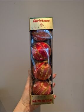 Vintage Red Satin Christmas Ornament Box - Gold Trim